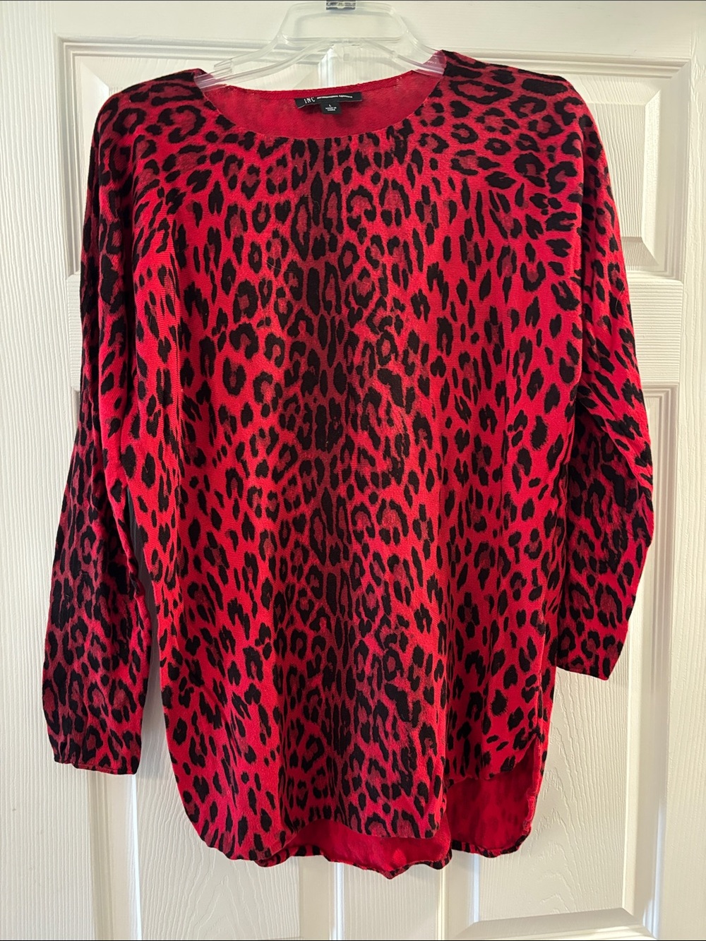 INC International Concepts Red and Black Leopard-Print Pullover Sweater